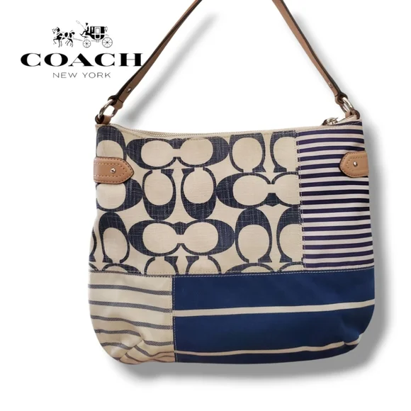 Coach F23963 Daisy Patchwork Hobo Bag Beige/Navy 2013 Convertible EUC! - Picture 2 of 6